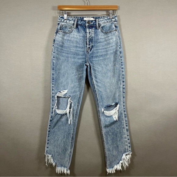 Hidden Button Fly Distressed Raw Hem Denim Jeans - Picture 1 of 15